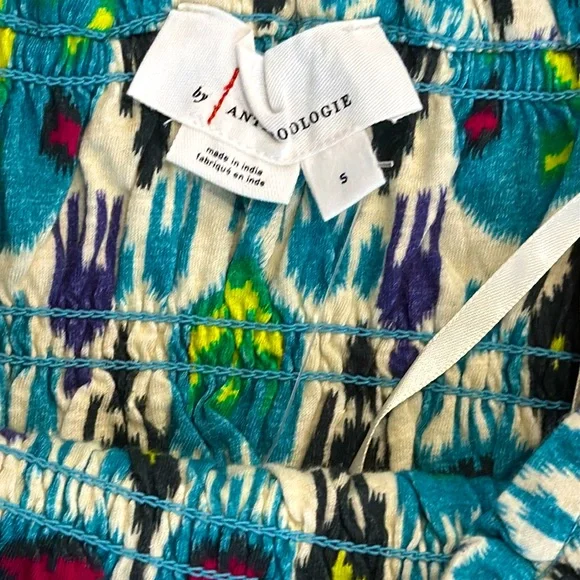 Anthropologie Women's Smocked Tube‎ Top Blue/Green Ikat Print Strapless Tank-S - Picture 6 of 9